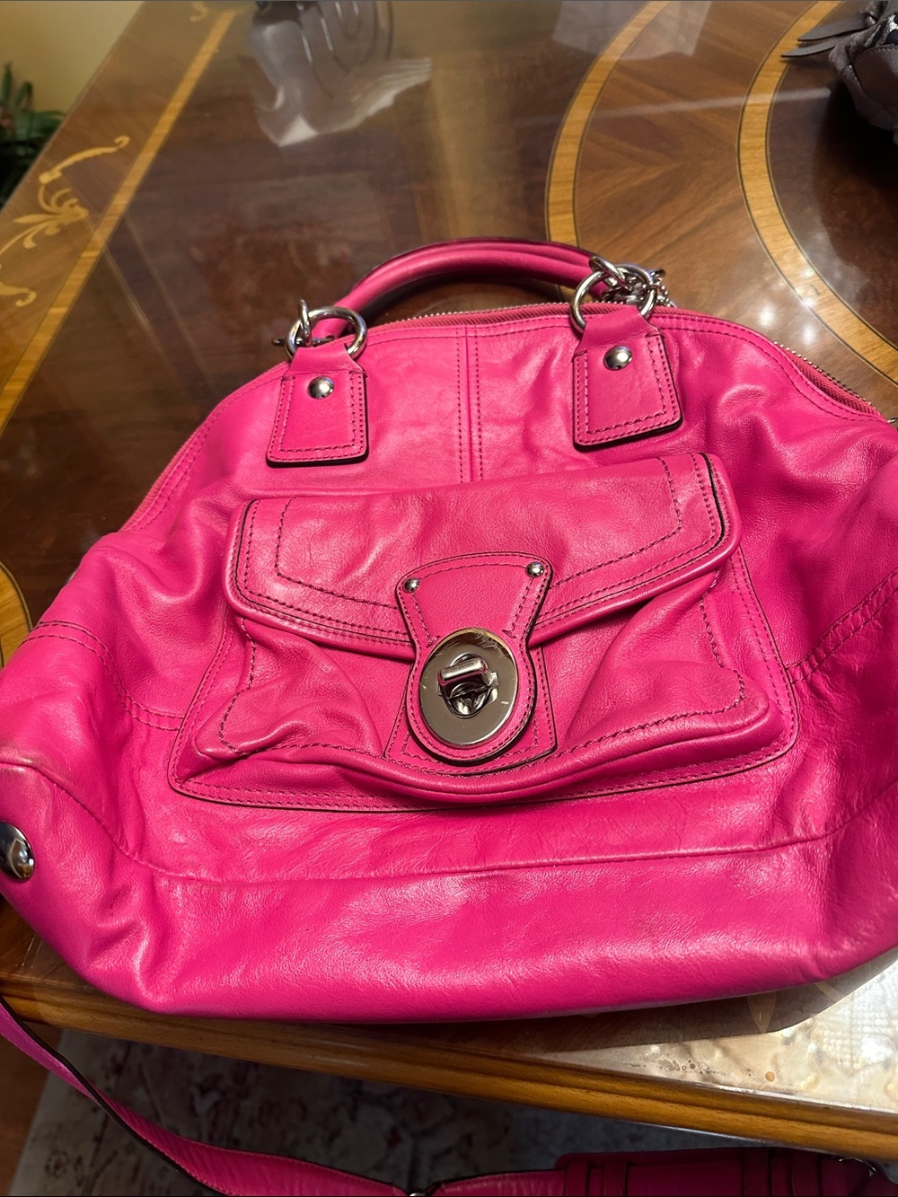 Like new, Coach Bright Pink Leather Shoulder Bag with Front Pocket.